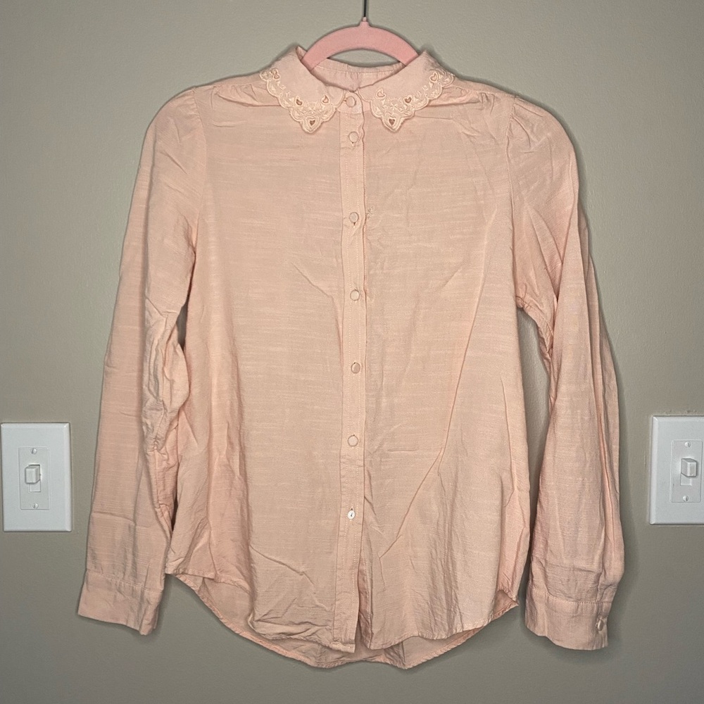 Cute Shoujo Girl Coquette Heart Lace Pastel Pink Cotton Blend Button Down Shirt